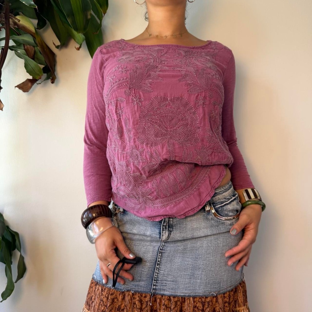 Lucky Brand Pink Purple Embroidered Boat Neck 3/4 Sleeve Top Whimsygoth Boho L